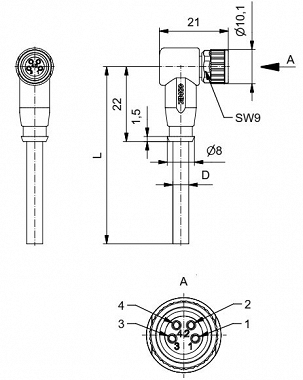 Przewód 5m z wtyczką kątową M8, 42-10050