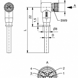 Przewód 5m z wtyczką kątową M8, 42-10050