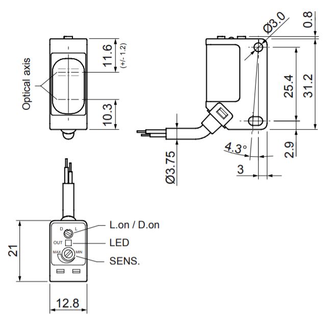 Czujnik dyfuzyjny z tłumieniem tła RiKO PKG3-DU20-N wymiary